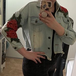 Emory Park Rose Embroidered Distressed Jean Jacket